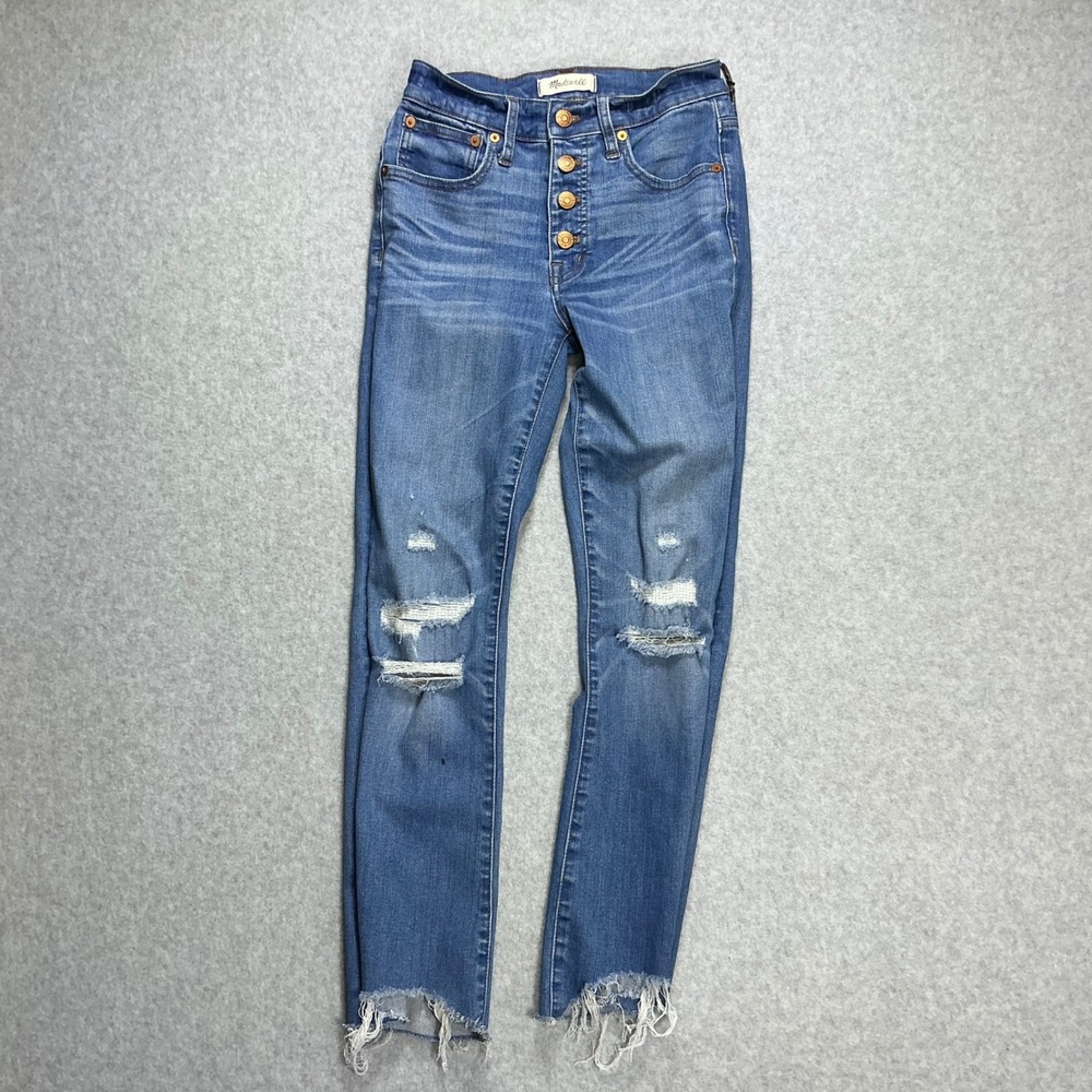Madewell Cali Demi-Boot Jeans 24 Blue Distressed High Rise Button Fly Raw Hem